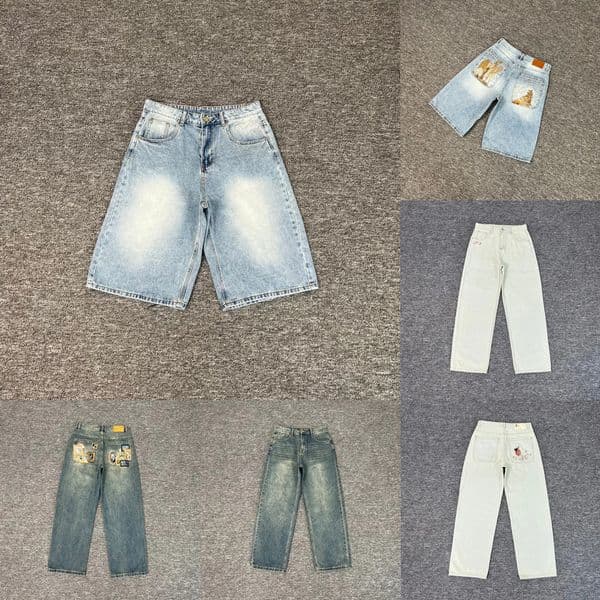 Designer Men's Baggy Jeans Cherry Embroidery Pattern Denim Shorts Straight Leg Jeans Vintage Hip Hop Washed Blue Jeans Jorts Men