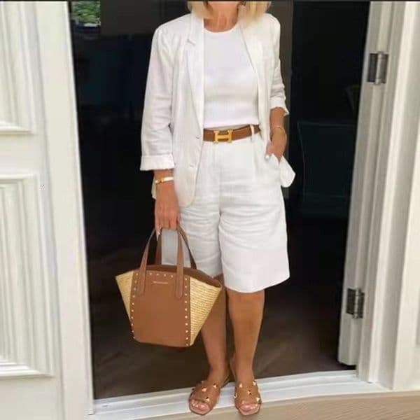 2026 Spring Autumn European American Women Cotton Linen Cardigan Top and Shorts Two Piece Set