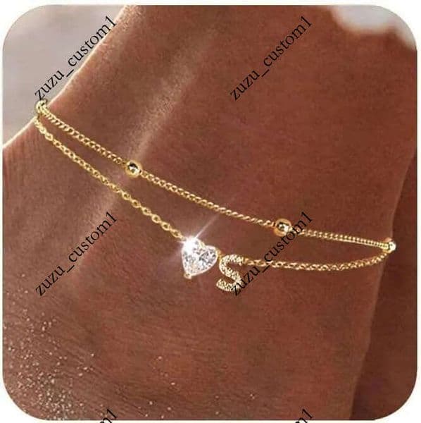 v Gold 14K 3 Waterproof Plated CZ Initial for Women Dainty Layered Letter Heart Ankle Bracelets Handmade Adjustable Foot Chain Anklet Summer Beach Jewelry