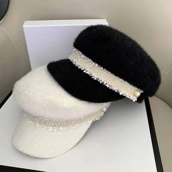 New Autumn/Winter 2024 Plush Flat Navy Hat Fashion Girl Warm Multi-Functional Pearl Cap Lace Octagonal Beret