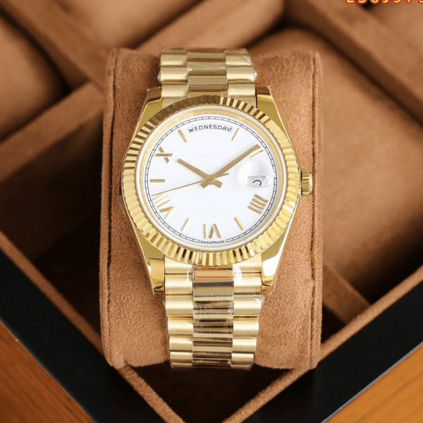 40mm Gold Tone Automatic Watch, Stainless Steel, White Roman Dial, Day & Date Display, Fluted Bezel, Presidential Style Bracelet