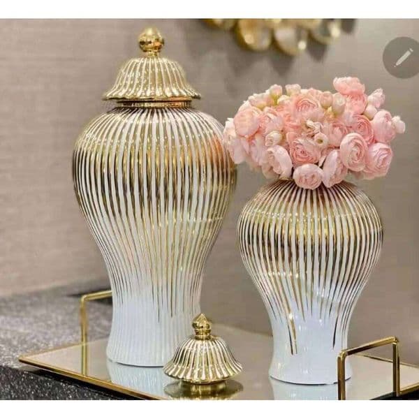 Plated Gold Striped With Lid Golden Universal Ceramic Vase Tabletop Decoration Container Storage Jar Hot NEW