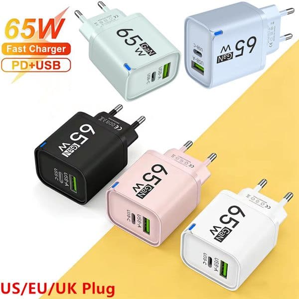 GaN 65W USB C Fast Charger Quick Charge Dual Ports USB A Type C USB Cell Phone Charging Station Travel Power Wall Adapter For iPhone 17 16 15 Samsung S26 S25 Huawei Xiaomi