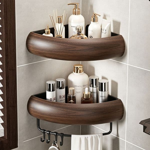 Vintage style punch-free space aluminum bathroom shelf walnut triangular basket wall-mounted storage rack