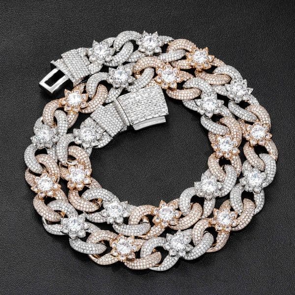 Luxury Flower Cuban Chain 15mm S925 D Vvs Moissanite Diamond Hip Hop Jewelry Two Tone Colors Infinite Cuban Moissanite Chain