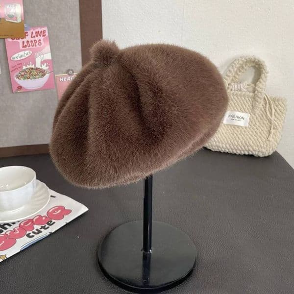 Winter Plush Beret Hat Fluffy Fur Women Warm Octagonal Cap Solid Color Girl Painter Artist Caps