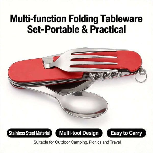 4-in-1 Portable Stainless Steel Cutlery Set: Foldable Spoon, Knife, Fork & Bottle Opene Ideal for Outdoor Adventures and Camping