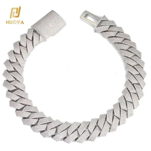 Hip Hop Jewelry Cuban Chain Silver Plated Diamond Prong Necklace