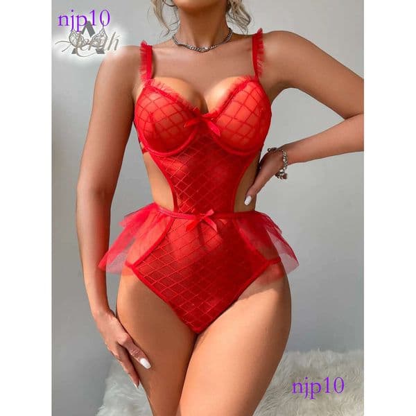 One-piece Bodysuit With Tulle Aesthetic Red Bow Lingerie See Through Design Sleepwear For Women Night Wear Sexy Costume