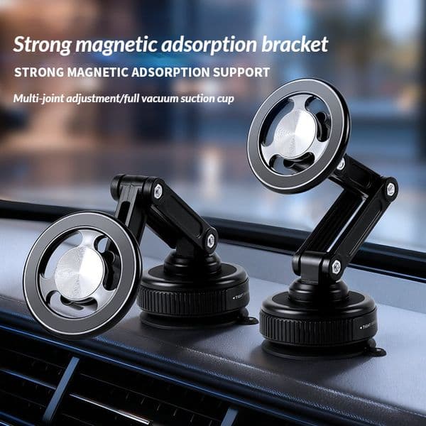 Vacuum suction cup rotates to attach a foldable car-mounted magnetic mobile phone holder