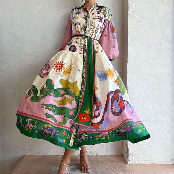 New Womens Elegant Long Sleeve Dress Lantern Sleeves Printed Long Lapel Waist Party Dress Laday Clothes