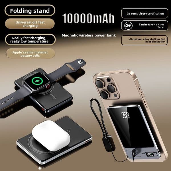 Magnetic 3-in-1 Wireless Charger Power Bank, Ultra-Thin Fast Charging with Built-in Cable, Magsafe Compatible for iPhone 17 Pro