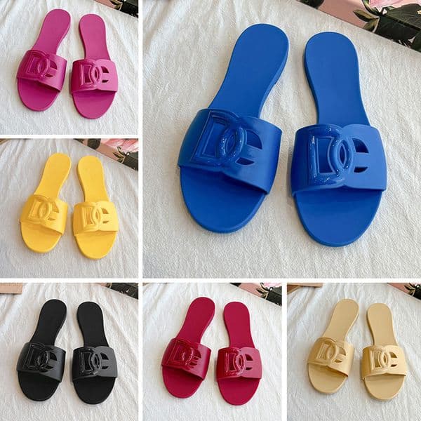 Designer Slippers Sandals Women Interlocking Slides Rubber Slippers Ladies Flat Beach Jelly Script Blue Summer Fall Mules Outdoor Waterproof Luxury