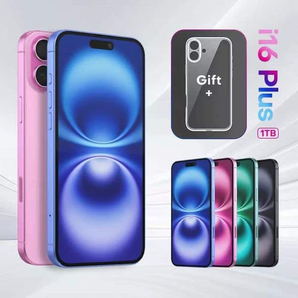 Unlocked i16 Plus smartphone with 6 7 inch OLED display 12GB of RAM and a Smart Island functional silicone case