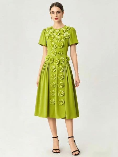 Summer High Street Dress Women Runway O-Neck Short Sleeve Appliques Flower Party Holiday Midi Vestidos Slims Lady