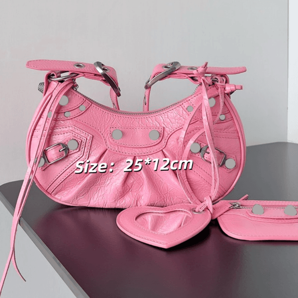 L137 Designer Functional Studded Shoulder Bag Handbag Stylish Pleated Crescent Shaped Bag Crossbody Bag
