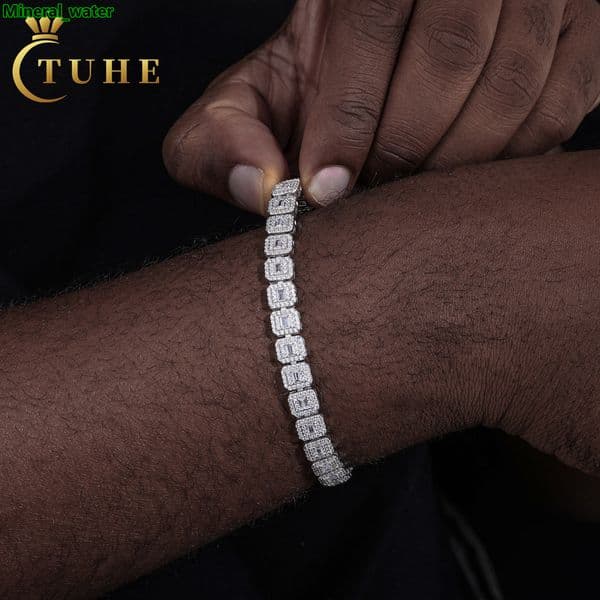 New Arrival Stylish Jewelry 75mm 925 Sterling Silver VVS Baguette Moissanite Diamond Geometric Iced Out Tennis Chain Bracelet