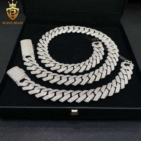 Buss Down 18mm 3Rows 925 Sterling Silver Hip Hop Jewelry Vvs Moissanite Iced Out Cuban Link Chain Bracelet Necklace