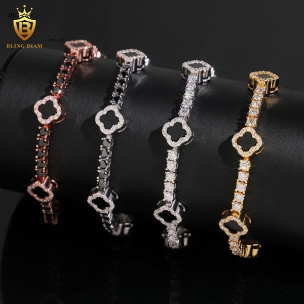 Hot Selling 3mm Four Clover Leaf 925 Sterling Silver Luxury Hip Hop Moissanite Diamond Tennis Chain Bracelet Pass Diamond Test