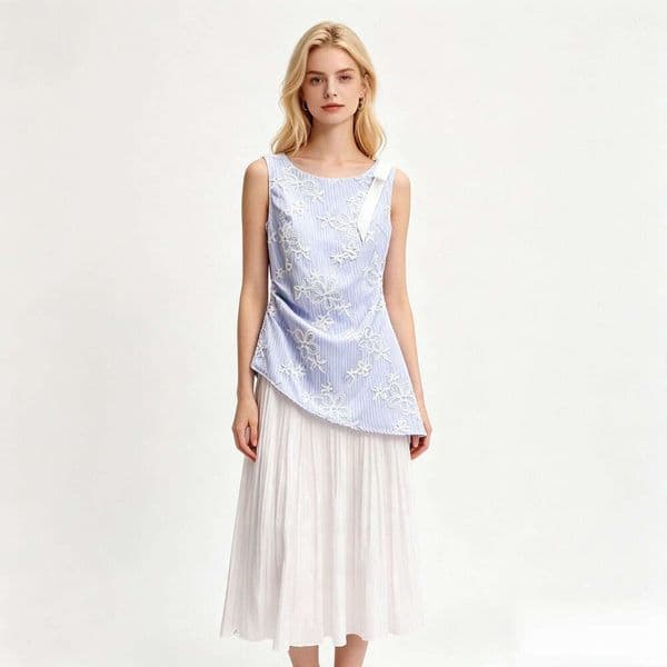 Designer s4 high-end women's fashionable summer new retro chic embroidered flower striped mesh patch dress
