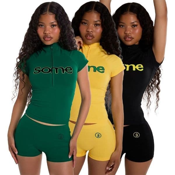 Womens Tracksuits Two Pieces Set Fashionable Letter Print Half-Zip Short Sleeve Top And Tight Shorts