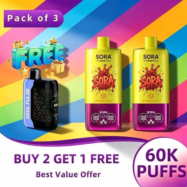 2026 Upgrade e-cig 60000k puffs SORA TRINITY 3IN1 Buy 2 60K SORA Get 1 Free GEEK PULSE 25K 3*6 & 14 Flavors Mixed Assorted available 5% Nicotine1 USA ship W