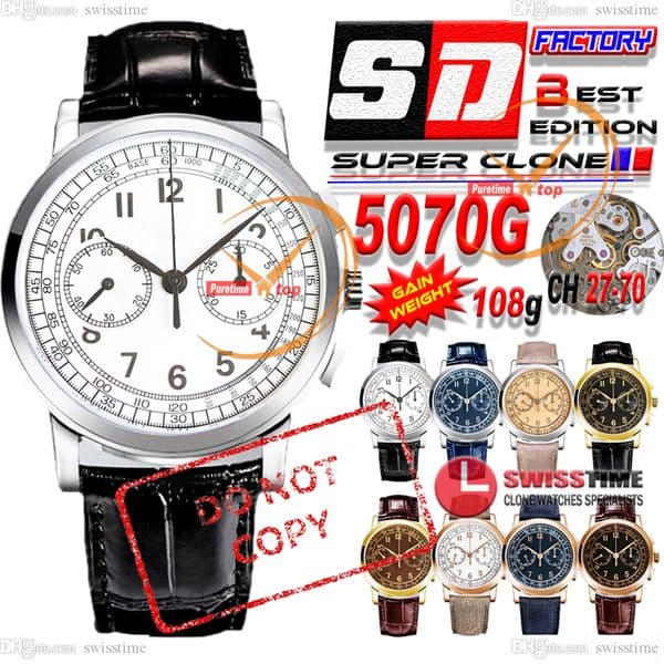 5070 Mechanical Handwind Chronograph Mens Watch SDF 42mm Steel Case White Stick Dial Black Leather CHS Swisstime Reloj Hombre Weighted 108g