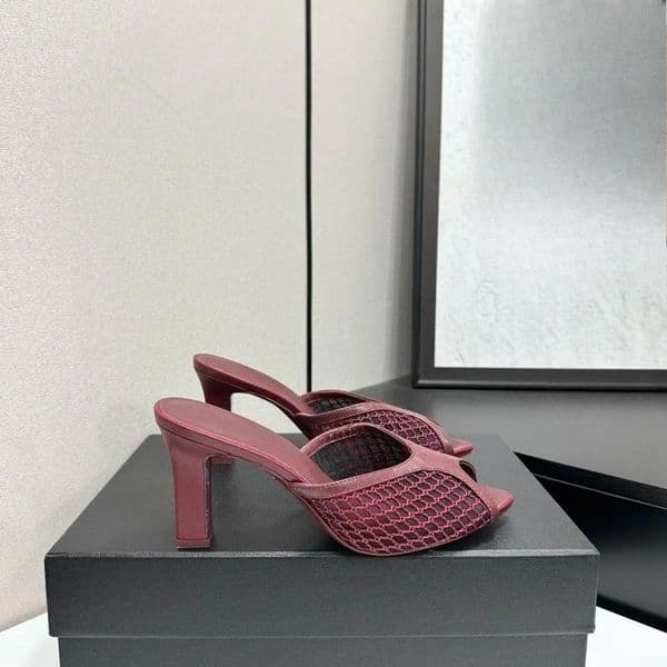Mesh Pointed Toe Mules Luxury designer women open toe chunky heel sandals Summer ladies casual beach shoes High heel slippers Leather sole Factory footwear