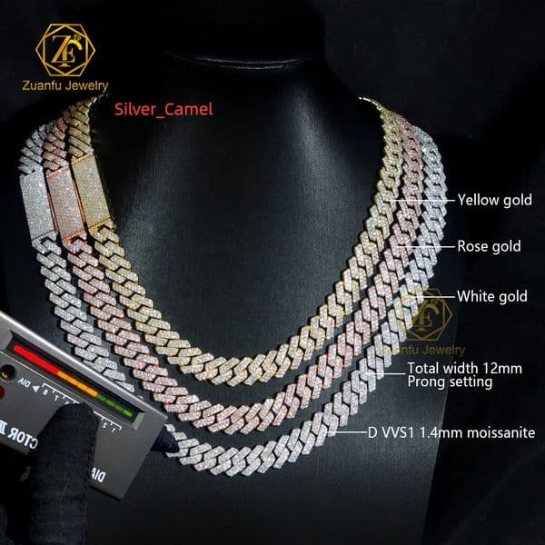 Hot Selling 925 Hip Hop Moissanite Jewelry 8mm 10mm 12mm Moissanite Cuban Link Chain Rose Gold Cuban Link Chain Necklace