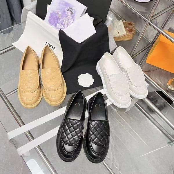 CC Camellia Designer Shoes Women's Leather Quilted Mule Loafers, Classic Buckle Slip-On Flats, Slip-On Closed-Toe Backless Slippers Casual Oxfords Gift Size 35-41