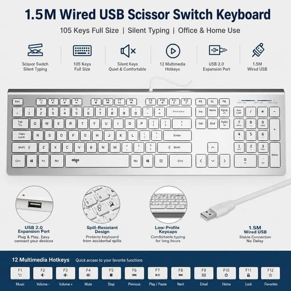 1.5M Wired USB Scissor Switch Keyboard 105 Keys Full Size Silent 12 Multimedia Hotkeys USB 2.0 Expansion Port, Quiet Computer Keyboard