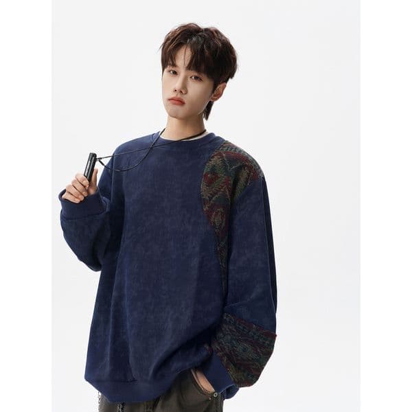 Bestseller New Chinese-Style Knitted Patchwork Sweatshirt For Men, Spring And Autumn Heavy Jacquard Long-Sleeve T-Shirt, Trendy Sports Jacket Ddmysat