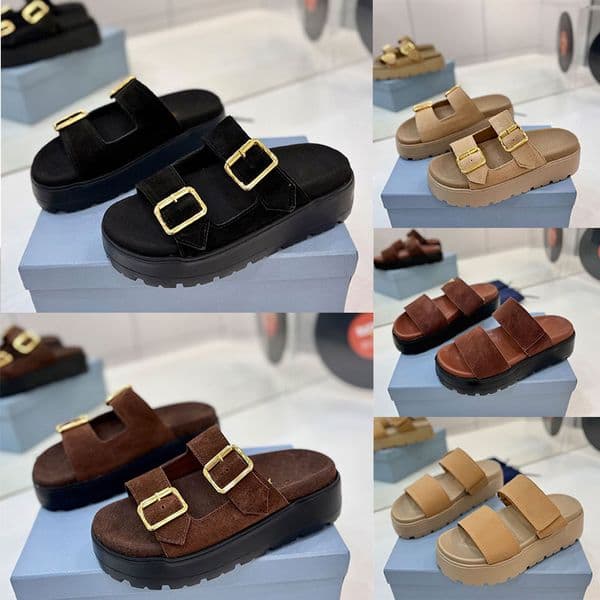 Rubber Slides Ladies Designer Double Belt Velcro Slides 1XX792 Womens Sandals Suede Cowhide High Quality Daily Commute Fashion Non Slip Outsole Sizes 35 41