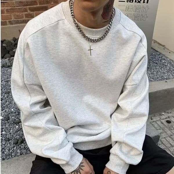 Bestseller American Retro Deconstructed Design Solid Color Sweatshirt For Men, Autumn Loose Basic Silhouette, Round Neck Long Sleeve Top, Trendy Ddmysat