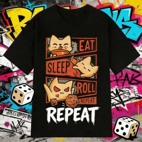 2026 Summer Cotton Tee "Eat Sleep Roll Repeat" Cat Graphic, Men Women Plus Size Loose Casual Hip Hop Streetwear Breathable Top