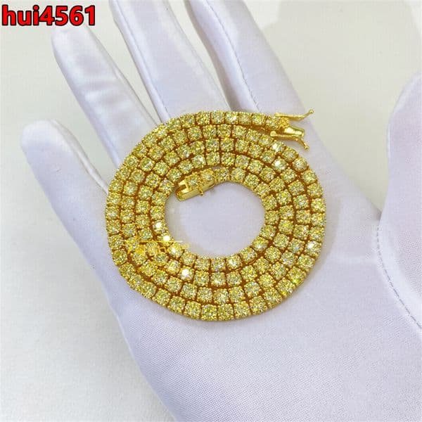 Gold Plated Iced Out Vvs Diamond Tennis Chain 2mm 3mm Yellow Moissanite Tennis Bracelet Necklace for Men and Women