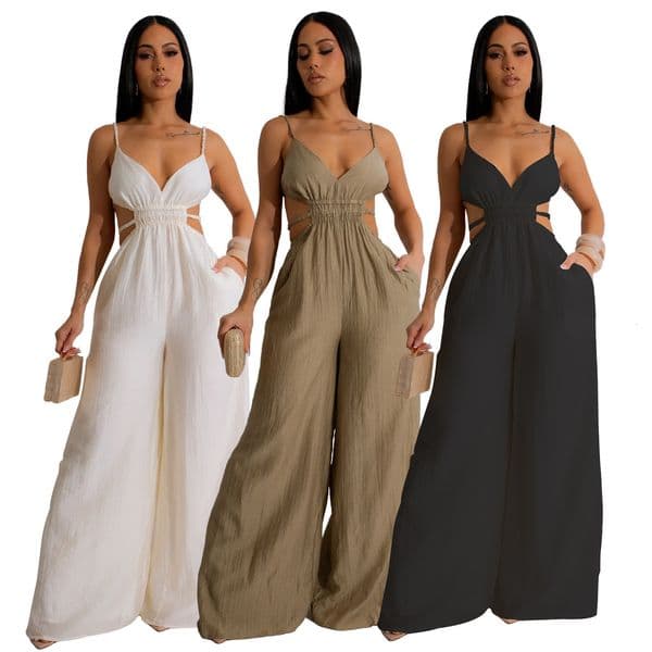 TZ9001 Solid Color Womens Wide-Leg Jumpsuit Backless Fashionable and Versatile