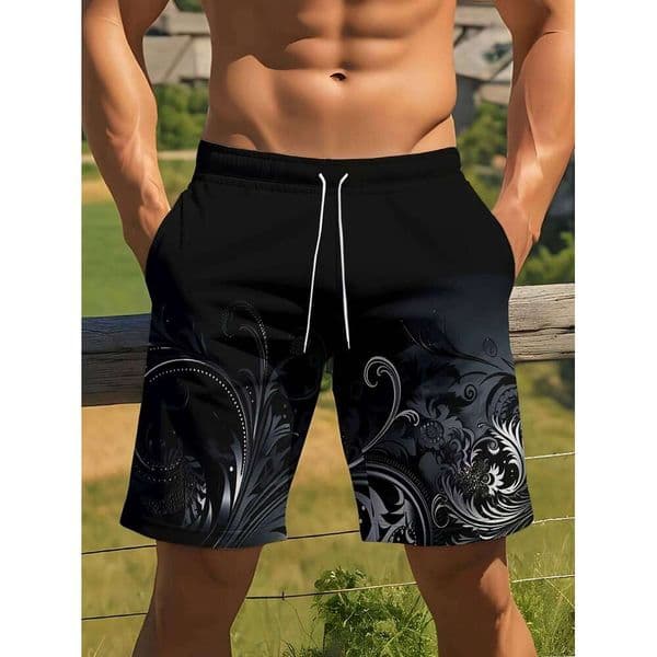 Men's Casual Beach Black Floral Print Quick Dry Board Shorts Summer New 2026 Holiday Fashion Male Clothing