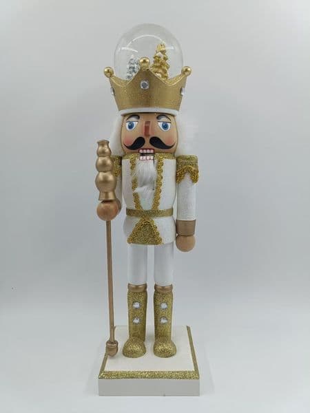 13IN Gold King Nutcracker with Waterball Crown, White & Glitter Christmas Decor Figurine