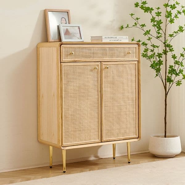 Wholesale Nordic solid wood shoe for entryway, home entrance, with double doors, simple layered rattan storage cabinet