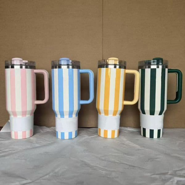 40oz Stripe Water Bottle Tumbler with Handle and Straw Lid, Leak-proof Travel Coffee Mug, Stainless Steel Insulated Fashion Cup