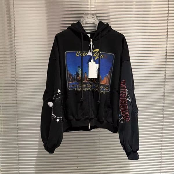 26SS Printed Zip-up Hooded Sweatshirt Hiphop Vintage Washed Men Casual Hoodie Pullover