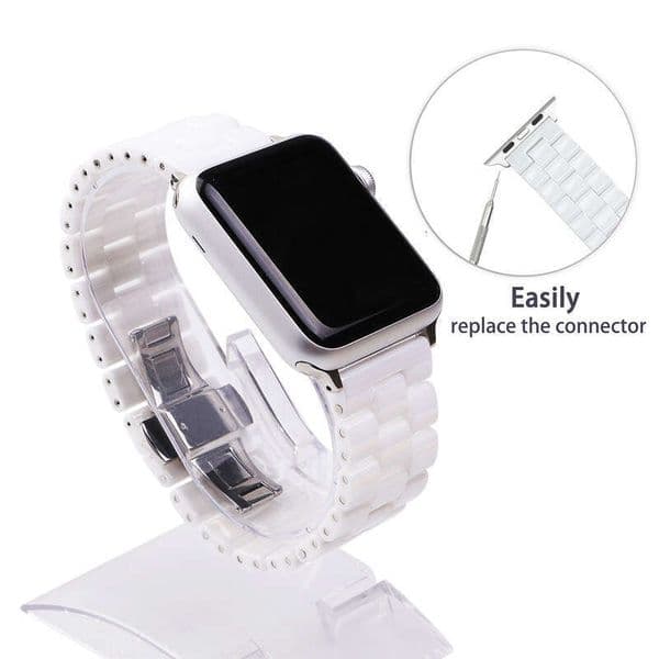 Suitable for Watch strap, Apple 11 generation three-bead ceramic black and white chain stainless steel butterfly clasp watch strap
