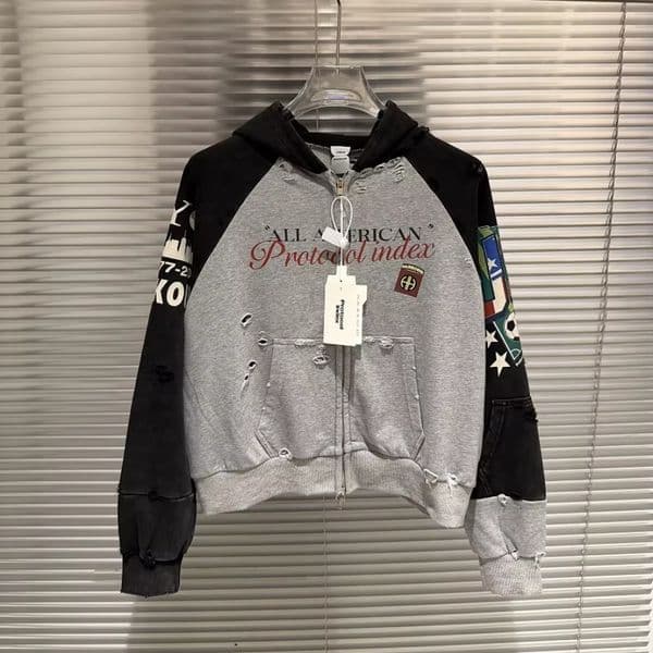26ss Vintage Distressed Printed Zip-up Hooded Sweatshirt Jacket Hiphop Oversized Men Hoodies