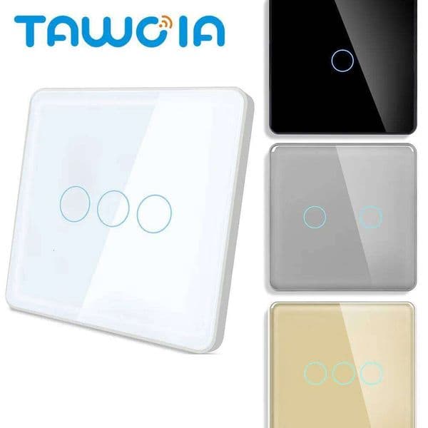 TAWOIA 2.5D Glass Panel Touch Light Switch 1/2/3 Gang 1 Way 300W with Type-C USB EU Socket Blue Backlight 10A for Home