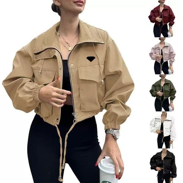 Spring and Autumn Women's Jacket Designer Short Windbreaker Long Sleeve Large Pocket Solid Color Coat