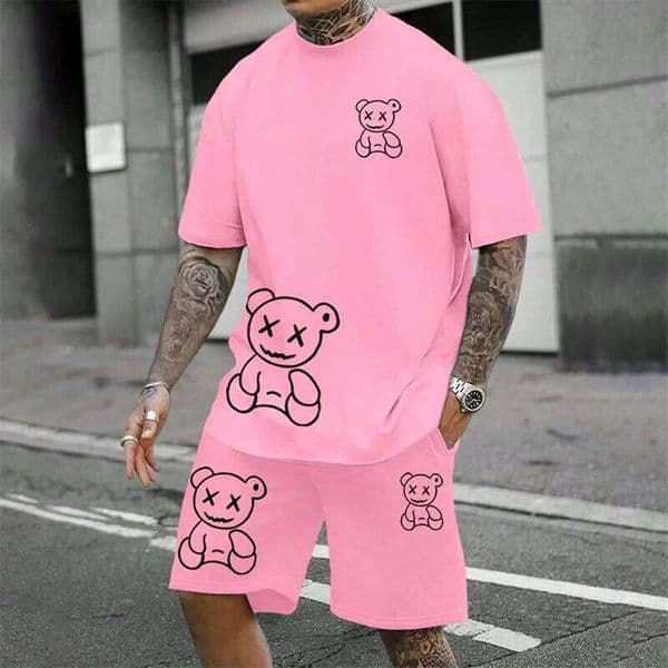 2024 Fun Bear Harajuku T-Shirt Men's Loose Daily Couple Outdoor Street Short Sleeve Shorts Two Piece Men Summer Suit