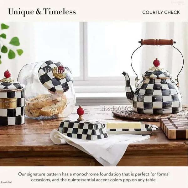 Courtly Check Enamel Butter Pot Black and White Cover Butter Box with Red Berry Knots, Vintage Kitchen Storage Butter and Tableware