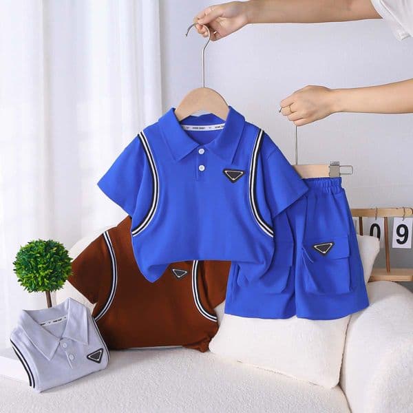 Luxury Kids Clothes Designer Baby Boy Summer Outfit 0-5 Years Sporty Solid Color Turn-down Collar Short Sleeve Polo Shirts and Shorts 2 Piece Set Children's Clothing