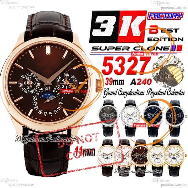 5140 5327 Perpetual Calendar A240 Automatic Date Mens Watch Moon Phase 3KF 39mm Rose Gold Brown Stick Dial Leather Strap CHS Puretimewatches Reloj Hombre TH 11mm